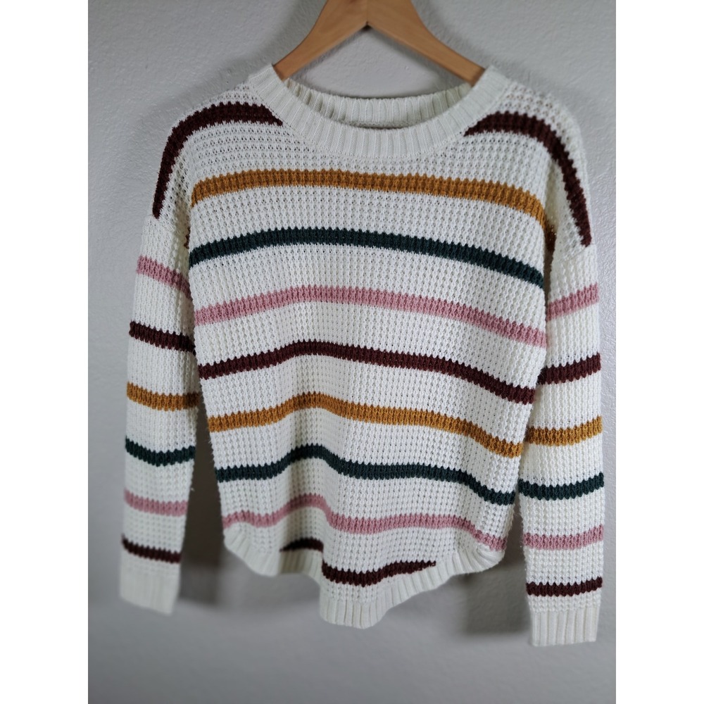 SO Striped Waffle Knit Sweater Womens Medium White Pink Yellow Green Crewneck